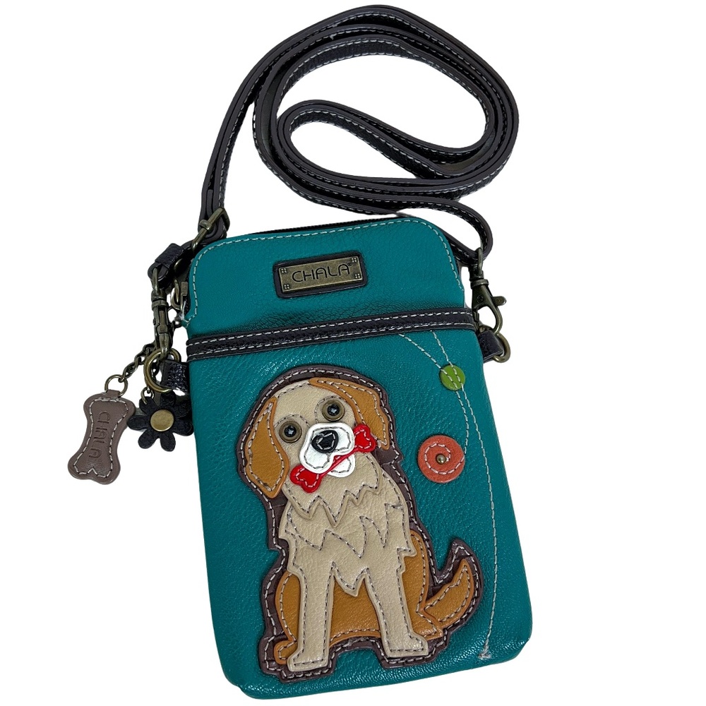 CHALA Crossbody Cell Phone Purse Teal Vegan Pebbled Leather Dog With a Bone - Picture 10 of 14